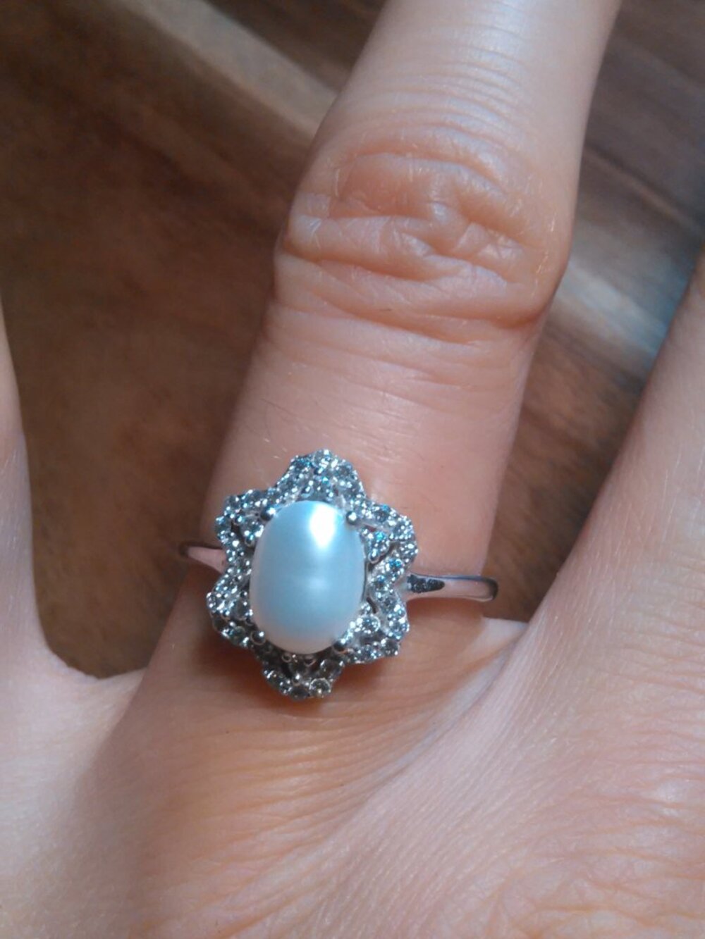 Simulated Pearl and Simulated Diamond Sterling Silver Ring (Size 7)